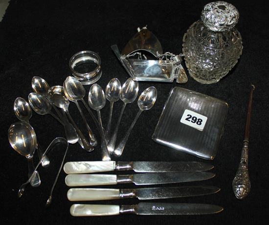 Silver scent bottle, cigarette case & cutlery etc.